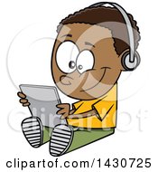 Poster, Art Print Of Cartoon Black Boy Sitting On The Floor And Playing With A Tablet Or Listening To An Audio Book