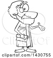 Clipart Of A Cartoon Black And White Lineart Greek Philosopher Aristotle Presenting Royalty Free Vector Illustration by toonaday