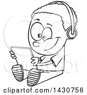 Poster, Art Print Of Cartoon Black And White Lineart Boy Sitting On The Floor And Playing With A Tablet Or Listening To An Audio Book