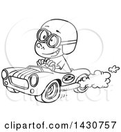Poster, Art Print Of Cartoon Black And White Lineart Boy Driving A Race Car