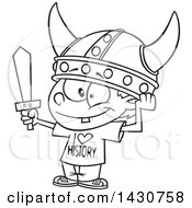 Poster, Art Print Of Cartoon Black And White Lineart Boy Wearing A Viking Helmet And I Love History Shirt