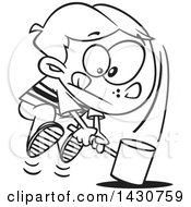 Clipart Of A Cartoon Black And White Lineart Boy Swinging A Hammer Down Royalty Free Vector Illustration