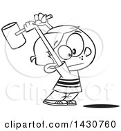 Clipart Of A Cartoon Black And White Lineart Boy Swinging A Hammer Up Royalty Free Vector Illustration