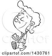 Clipart Of A Cartoon Black And White Lineart Boy Walking And Listening To Music On An Mp3 Player Royalty Free Vector Illustration