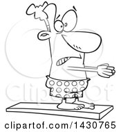 Poster, Art Print Of Cartoon Black And White Lineart Scared Man On A Diving Board