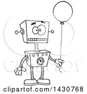 Clipart Of A Cartoon Black And White Lineart Birthday Robot Holding A Balloon Royalty Free Vector Illustration