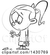 Clipart Of A Cartoon Black And White Lineart Sad Girl Holding A Broken Pencil Royalty Free Vector Illustration