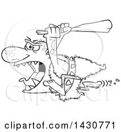 Clipart Of A Cartoon Black And White Lineart Angry Ogre Running With A Club Royalty Free Vector Illustration