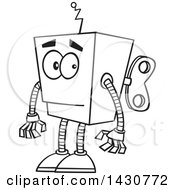 Clipart Of A Cartoon Black And White Lineart Low Tech Boxy Robot Royalty Free Vector Illustration