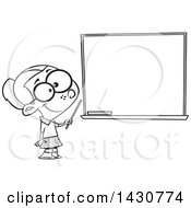 Poster, Art Print Of Cartoon Black And White Lineart School Girl Pretending To Be A Teacher Standing By A Chalk Board