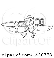 Clipart Of A Cartoon Black And White Lineart Dog Flying With A Rocket On His Back Royalty Free Vector Illustration