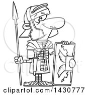 Poster, Art Print Of Cartoon Black And White Lineart Roman Soldier With A Shield And Spear