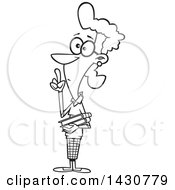 Clipart Of A Cartoon Black And White Lineart Female Librarian Gesturing For Silence Royalty Free Vector Illustration by toonaday