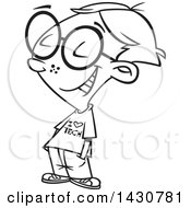 Clipart Of A Cartoon Black And White Lineart School Boy Wearing An I Love Tech Shirt Royalty Free Vector Illustration by toonaday