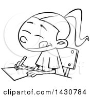 Poster, Art Print Of Cartoon Black And White Lineart School Girl Writing An Essay