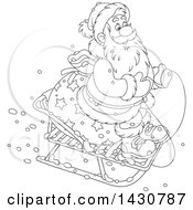 Poster, Art Print Of Cartoon Black And White Lineart Christmas Santa Claus On A Little Sled