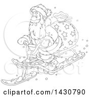 Poster, Art Print Of Cartoon Black And White Lineart Christmas Santa Claus On A Sled