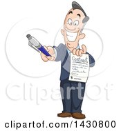 Clipart Of A Cartoon Grinning Caucasian Business Man Holding Out A Contract Royalty Free Vector Illustration