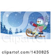 Poster, Art Print Of Christmas Snowman Waving And Sledding