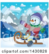 Clipart Of A Christmas Snowman Waving And Sledding Royalty Free Vector Illustration