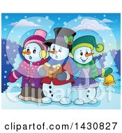 Clipart Of A Group Of Snowmen Singing Christmas Carols Royalty Free Vector Illustration by visekart