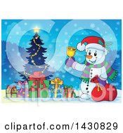 Poster, Art Print Of Christmas Snowman Ringing A Bell By A Tree