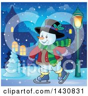 Clipart Of A Happy Snowman Ice Skating Royalty Free Vector Illustration