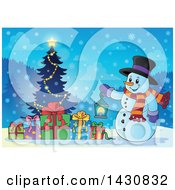 Clipart Of A Christmas Snowman Holding A Lantern By A Tree Royalty Free Vector Illustration