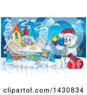 Poster, Art Print Of Christmas Snowman Ringing A Bell In A Village