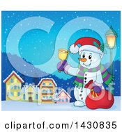 Clipart Of A Christmas Snowman Ringing A Bell In A Village Royalty Free Vector Illustration
