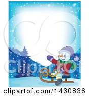 Poster, Art Print Of Border Of A Christmas Snowman Sledding