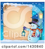 Poster, Art Print Of Christmas Snowman Holding A Lantern Over A Parchment Scroll