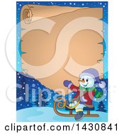 Poster, Art Print Of Christmas Snowman Sledding Over A Parchment Scroll
