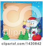 Poster, Art Print Of Christmas Snowman Ringing A Bell Over A Parchment Scroll