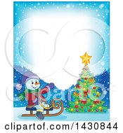 Poster, Art Print Of Border Of A Christmas Snowman Sledding By A Christmas Tree