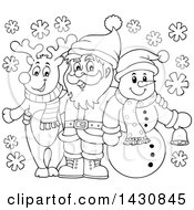 Poster, Art Print Of Black And White Lineart Christmas Snowman And Reindeer Posing With Santa