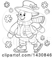 Poster, Art Print Of Black And White Lineart Happy Snowman Ice Skating