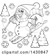 Poster, Art Print Of Black And White Lineart Snowman Skiing