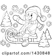 Poster, Art Print Of Black And White Lineart Christmas Snowman Waving And Sledding