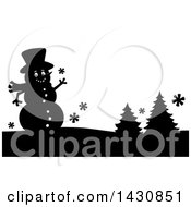 Clipart Of A Black And White Silhouetted Christmas Snowman And Trees Royalty Free Vector Illustration