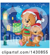 Happy Christmas Bear And Cub Walking With A Gift In A Village