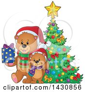 Happy Bear And Cub With A Gift By A Christmas Tree