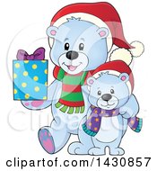 Poster, Art Print Of Happy Christmas Polar Bear And Cub Holding A Gift