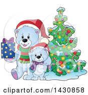 Poster, Art Print Of Happy Christmas Polar Bear And Cub Holding A Gift By A Tree
