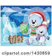 Poster, Art Print Of Happy Christmas Polar Bear And Cub Walking With A Gift In A Village