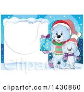 Poster, Art Print Of Happy Christmas Polar Bear And Cub Holding A Gift By A Blank Sign