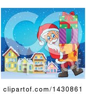 Poster, Art Print Of Jolly Santa Claus Carrying A Stack Of Christmas Gifts In A Village