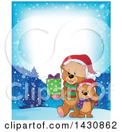Poster, Art Print Of Border Of A Happy Christmas Bear And Cub Walking With A Gift On A Snowy Night