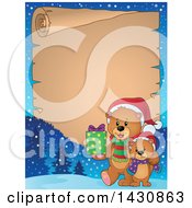 Poster, Art Print Of Border Of A Happy Christmas Bear And Cub Walking With A Gift Over Parchment Paper