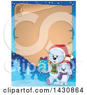 Clipart Of A Border Of A Happy Christmas Polar Bear And Cub Walking With A Gift Over Parchment Paper Royalty Free Vector Illustration by visekart
